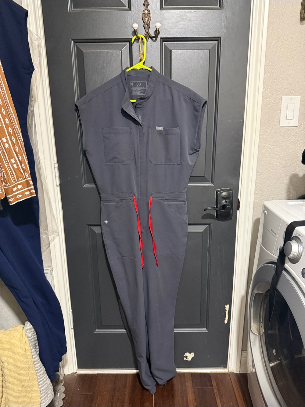 Figs Charcoal Jumpsuit with Red Drawstrings
